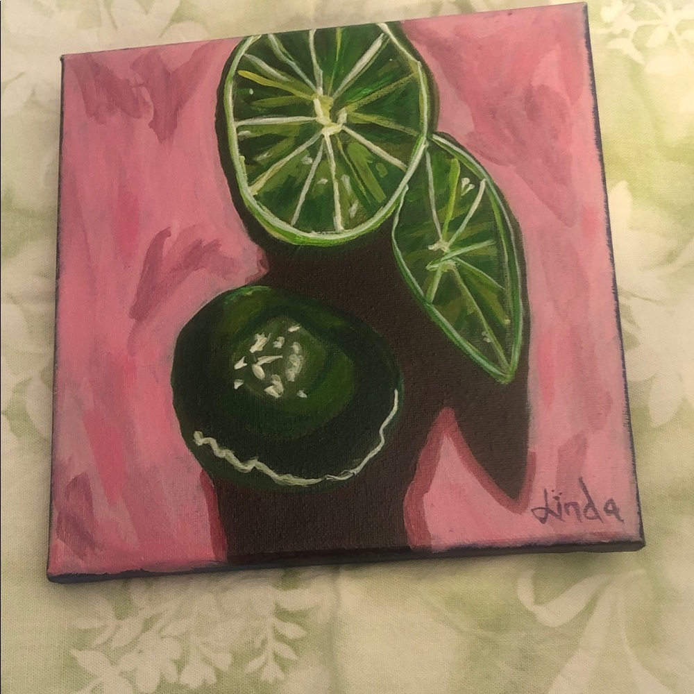 Lime Still Life Canvas Art - Pink and Green Home Art